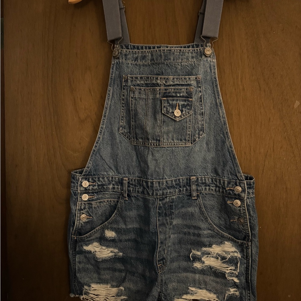 Denim Overalls with Distressed Detailing